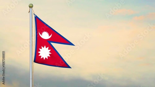Waving Nepal country flag,The national flag of Nepal on a pole. The waving flag. The sign and symbol of the country.
