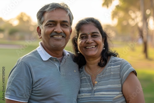 Portrait of a cheerful indian couple in their 30s wearing a breathable golf polo while standing against vibrant city park