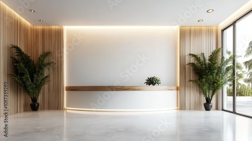 A minimalist reception area showcasing a sleek white desk, subtle wooden elements, and large windows providing ample natural light for an open feel.