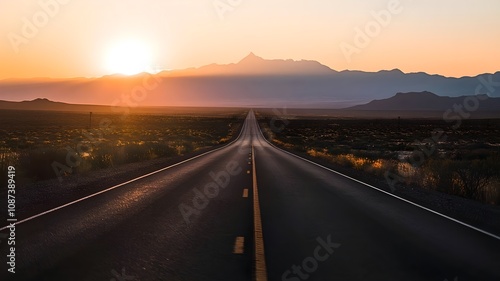 The serene road ahead appeared to stretch infinitely toward the colorful horizon, nestled between peaceful mountains and a captivating sunset.