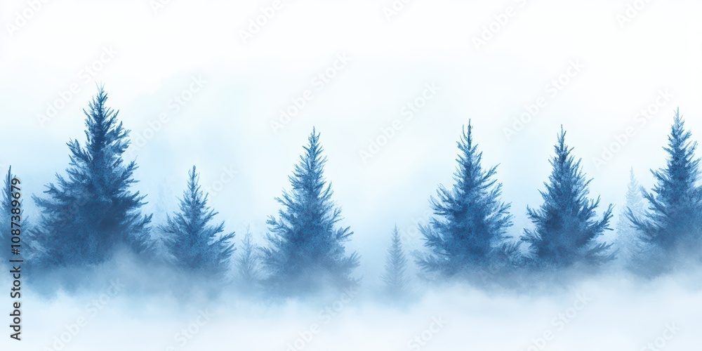 Misty Forest Landscape with Blue Pine Trees in Fog, Serene Atmosphere Creating a Calm and Tranquil Wilderness Scene at Dusk or Dawn Misty Forest Landscape with Blue Pine Trees in Fog, Serene Atmosphere Creating a Calm and Tranquil Wilderness Scene at Dusk or Dawn