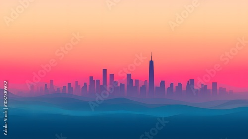 Stunning Urban Skyline at Dusk with Vibrant Gradient Sky and Silhouetted Buildings Overlooking Mild Waves in a Dreamlike Landscape