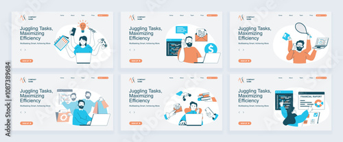 Multitasking concept of landing page with slide templates set in flat design. Website headers with people calling, working, earning money and doing tasks in same time in office. Vector illustrations.