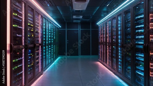 Futuristic Server Room with Neon Lights.