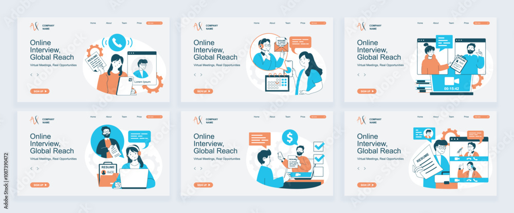 Online job interview concept of landing page with slide templates set in flat design. Website headers with people search new employee, interview candidates by video and hiring. Vector illustrations. Online job interview concept of landing page with slide templates set in flat design. Website headers with people search new employee, interview candidates by video and hiring. Vector illustrations.