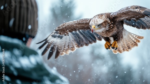 A focused eagle soars towards a person in the snowy woods, with its wings spread, highlighting the dynamic grace and power of wildlife in frosty landscapes. photo