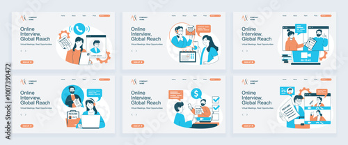 Online job interview concept of landing page with slide templates set in flat design. Website headers with people search new employee, interview candidates by video and hiring. Vector illustrations.