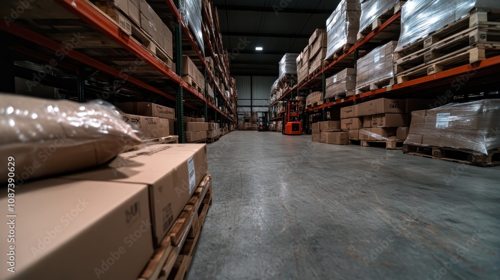 Rows of shelves filled with boxes line a wide aisle in a warehouse, creating a corridor-like feel. A forklift in the distance symbolizes efficiency and orderliness. Rows of shelves filled with boxes line a wide aisle in a warehouse, creating a corridor-like feel. A forklift in the distance symbolizes efficiency and orderliness.