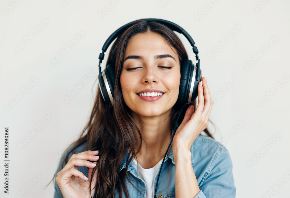 Young Woman Enjoying Music with Headphones and a Joyful Smile Young Woman Enjoying Music with Headphones and a Joyful Smile