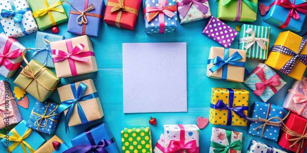 Obraz premium A Festive Array of Wrapped Gifts Decorated with Colorful Ribbons and Bows, Surrounding a Blank Card on a Vibrant Blue Background