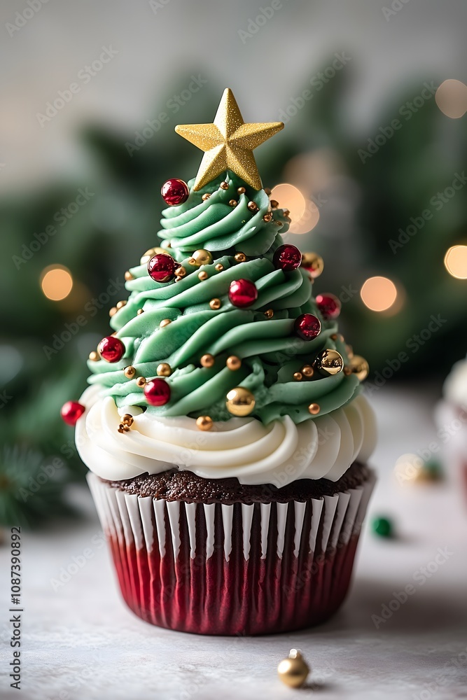 Green and white Christmas tree cupcake with a golden star on top and red and gold ornaments on a festive background