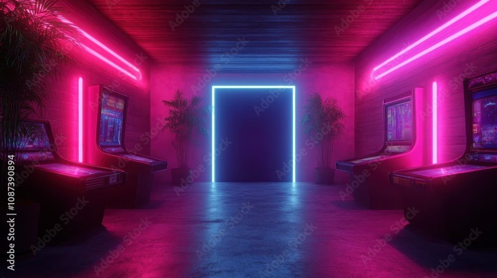 A stylish arcade with vibrant neon pink and blue lights and lush plants creates a unique blend of cyber aesthetics and nature, set for fun moments. A stylish arcade with vibrant neon pink and blue lights and lush plants creates a unique blend of cyber aesthetics and nature, set for fun moments.