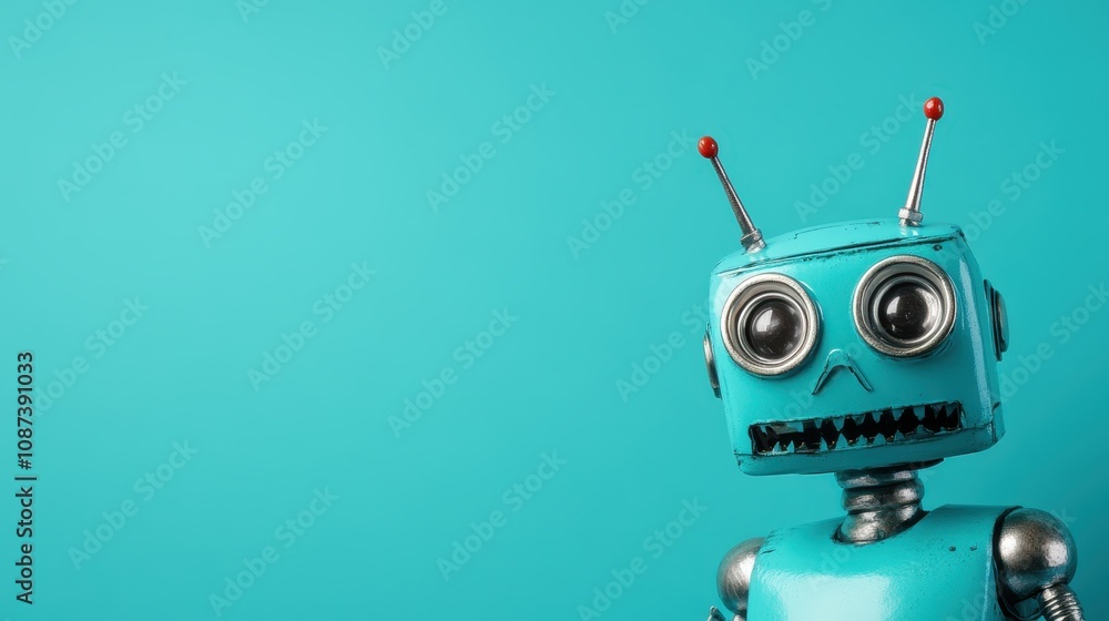 A vibrant robot with round expressive eyes and turquoise color, set on a teal background, welcomes viewers with a playful and futuristic demeanor. A vibrant robot with round expressive eyes and turquoise color, set on a teal background, welcomes viewers with a playful and futuristic demeanor.