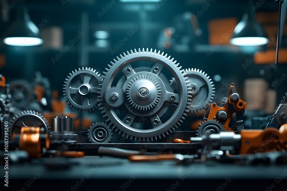 Intricate Massive Industrial Gears Displayed in a Rugged Workshop Setting, Highlighting Precision Engineering and Mechanical Design Intricate Massive Industrial Gears Displayed in a Rugged Workshop Setting, Highlighting Precision Engineering and Mechanical Design