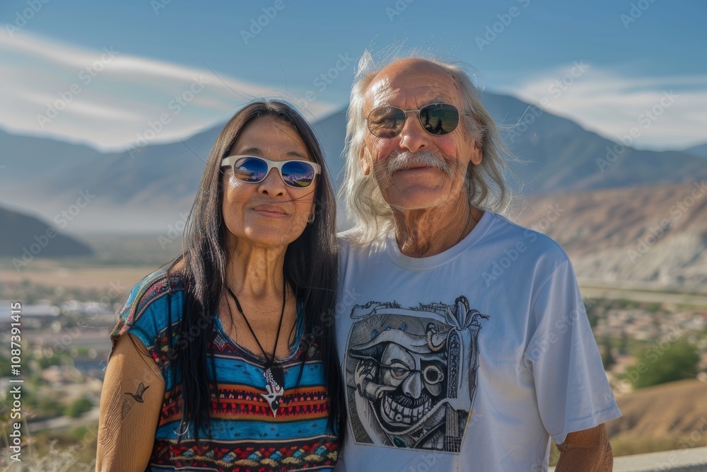 Portrait of a glad multicultural couple in their 50s sporting a vintage band t-shirt over panoramic mountain vista Portrait of a glad multicultural couple in their 50s sporting a vintage band t-shirt over panoramic mountain vista