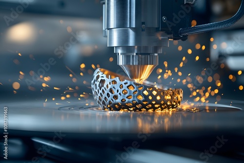 Advanced Modern 3D Printing Machine Fabricating Precise Metal Part in Action with Sparks and Intricate Design Elements