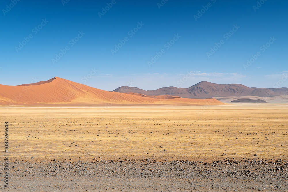 Stunning Desert Landscape with Majestic Sand Dunes Under a Clear Blue Sky Stunning Desert Landscape with Majestic Sand Dunes Under a Clear Blue Sky