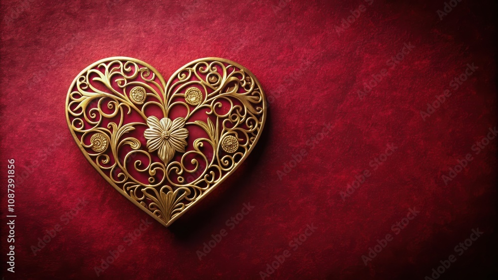 Fototapeta premium A golden filigree heart shape on a deep red background with a minimalist aesthetic