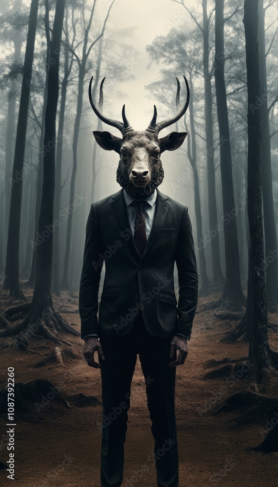 Photo illustration of a person with a deer's head, in a dark cinematic style Photo illustration of a person with a deer's head, in a dark cinematic style