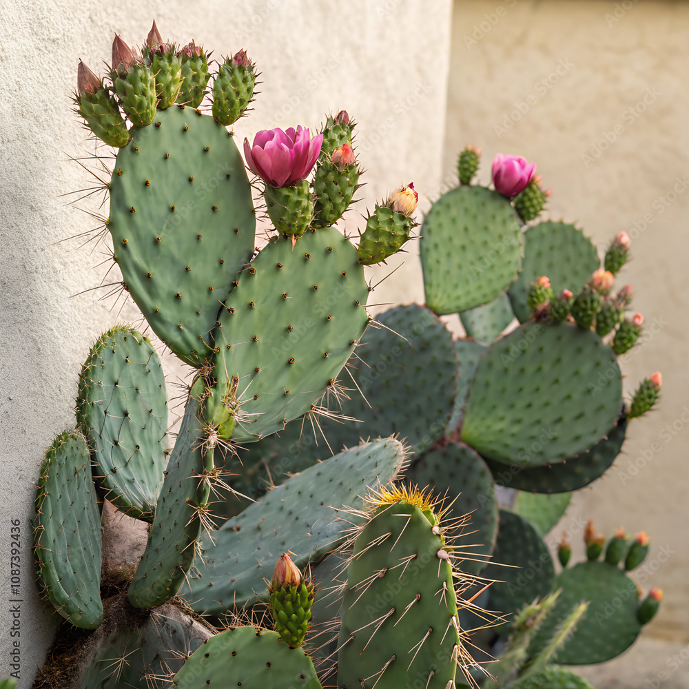 Vibrant nopal cactus with blooming pink flowers against a light wall background Vibrant nopal cactus with blooming pink flowers against a light wall background