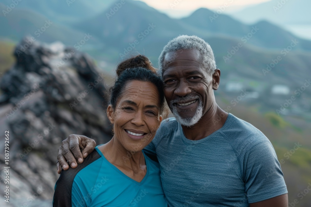 Portrait of a satisfied multicultural couple in their 50s sporting a breathable mesh jersey in panoramic mountain vista Portrait of a satisfied multicultural couple in their 50s sporting a breathable mesh jersey in panoramic mountain vista