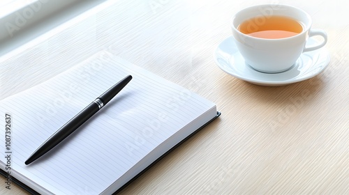 Stylish workspace setup featuring a blank notebook, a black pen, and a cup of tea on a wooden table, ideal for creative writing, brainstorming, and relaxation moments.