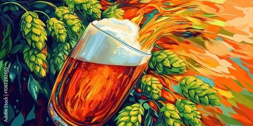 A dynamic pop art illustration of beer pouring into a frothy glass surrounded by vibrant hops and bold, colorful swirls