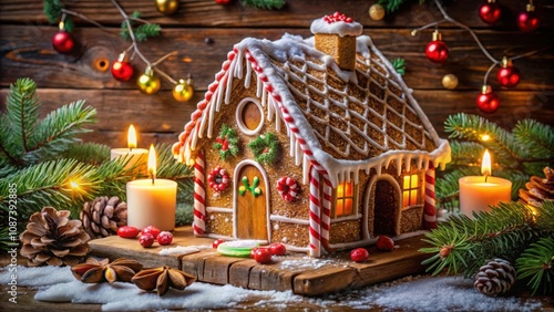 A whimsical gingerbread house with glowing windows, adorned with festive candy canes and surrounded by a snowy woodland scene.