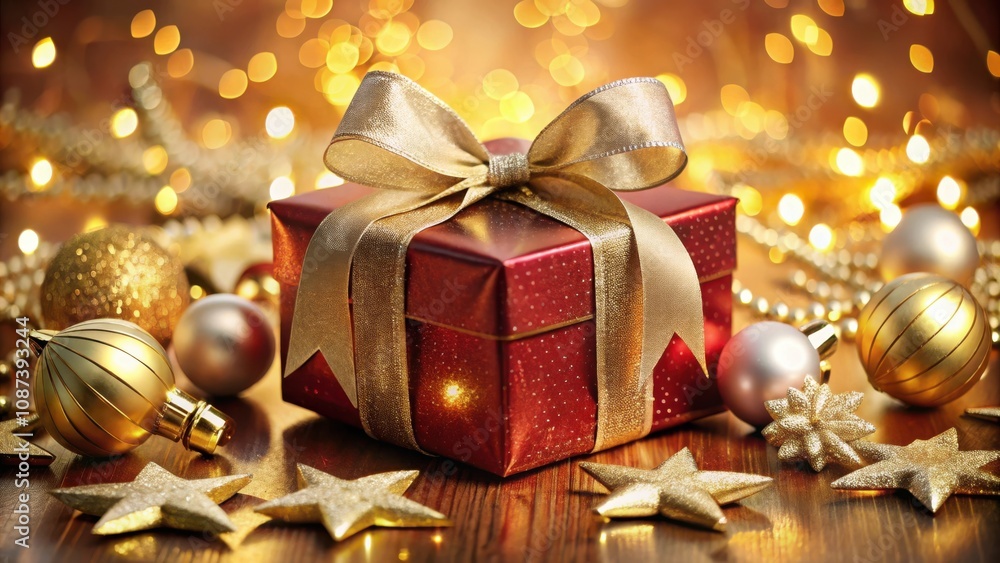 A festive red gift box adorned with a golden bow, surrounded by shimmering ornaments and twinkling lights, evokes the magic of the holiday season. A festive red gift box adorned with a golden bow, surrounded by shimmering ornaments and twinkling lights, evokes the magic of the holiday season.