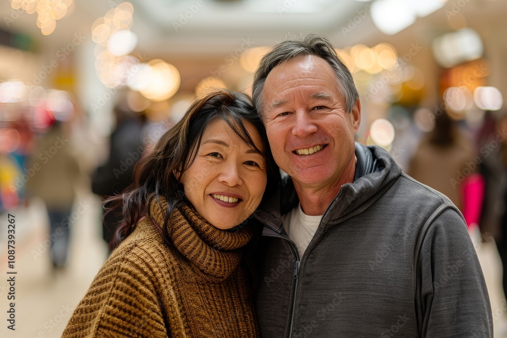 Portrait of a happy multicultural couple in their 40s dressed in a comfy fleece pullover while standing against bustling shopping mall Portrait of a happy multicultural couple in their 40s dressed in a comfy fleece pullover while standing against bustling shopping mall