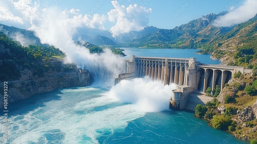 Aerial View of a Massive Hydroelectric Dam Releasing Large Volumes of Water into a Serene Natural Landscape Surrounded by Mountains and Lush Vegetation Aerial View of a Massive Hydroelectric Dam Releasing Large Volumes of Water into a Serene Natural Landscape Surrounded by Mountains and Lush Vegetation