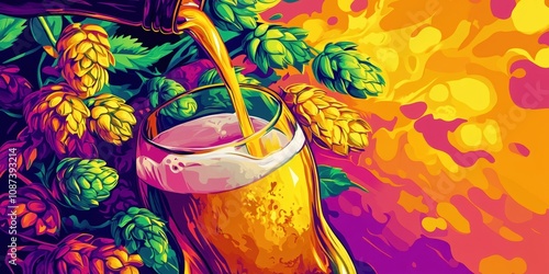 A bold and colorful pop art illustration of beer pouring into a glass surrounded by vibrant hops and swirling, energetic background patterns