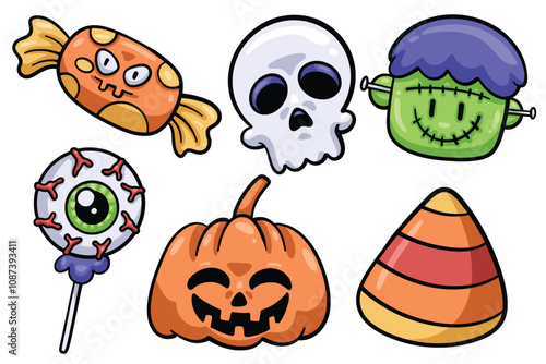 Set of Hand drawn halloween cartoon element. collection of candy, skull, zombie, pumpkin Isolated Vector