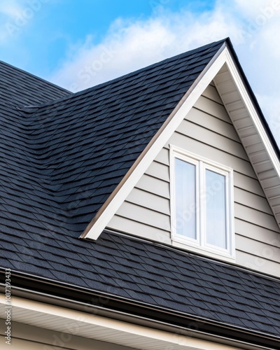 A modern home roof featuring a sloped design, shingle materials, and a window in the gable, set against a blue sky.