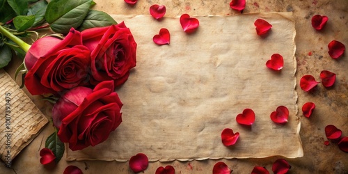 A vintage parchment sheet adorned with red rose petals and a trio of crimson roses, offering a blank canvas for love notes and heartfelt messages. photo