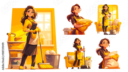 cleaning cartoon set. girl brunette cleaner in yellow uniform, worker equipment gloves house service work professional profession concept vector illustration