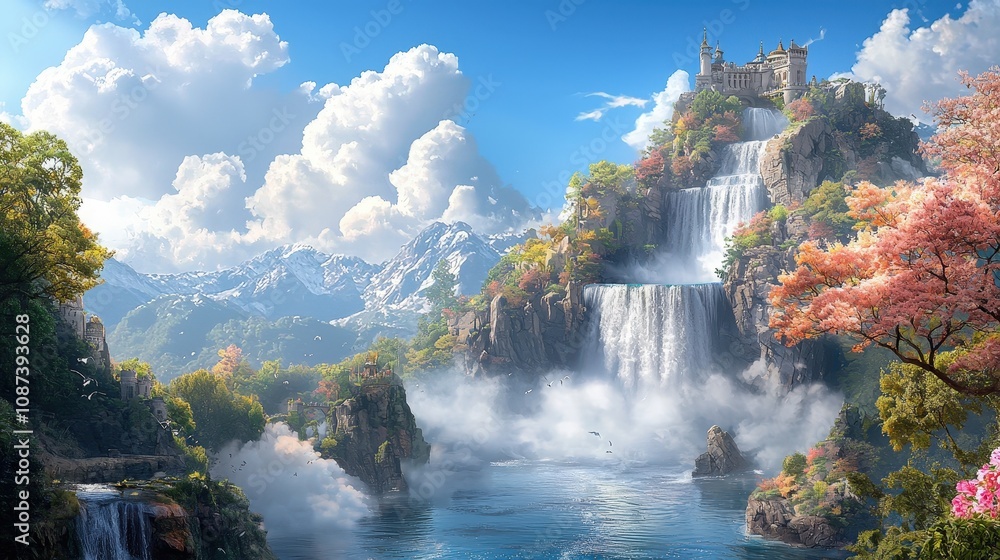 Majestic Waterfall Cascading Down Mountain Surrounded by Lush Greenery and Vibrant Flowers in a Picturesque Landscape with Clouds and Scenic Beauty Majestic Waterfall Cascading Down Mountain Surrounded by Lush Greenery and Vibrant Flowers in a Picturesque Landscape with Clouds and Scenic Beauty