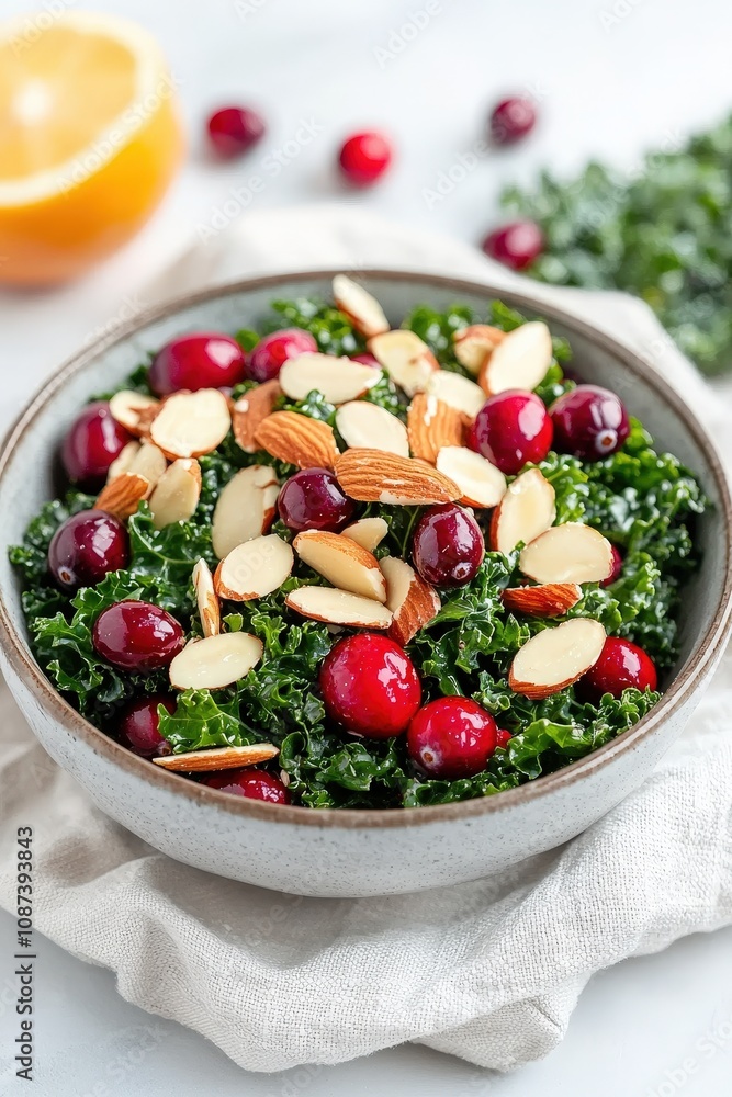 Fresh Kale Salad with Cranberries and Almonds in a Minimalist Setting Perfect for Healthy Eating and Culinary Presentation Fresh Kale Salad with Cranberries and Almonds in a Minimalist Setting Perfect for Healthy Eating and Culinary Presentation