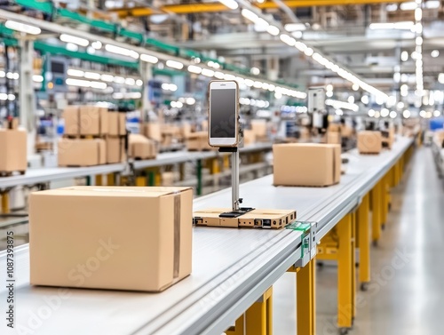 Wallpaper Mural Modern Assembly Line in Electronics Plant with Packages and Monitoring Equipment in a Streamlined Production Environment Torontodigital.ca