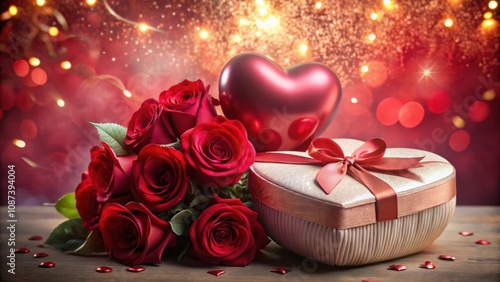 Romantic Valentine's Day gift with red roses, a heart-shaped box, and a large red heart on a wooden table with a blurred background of red and gold lights.