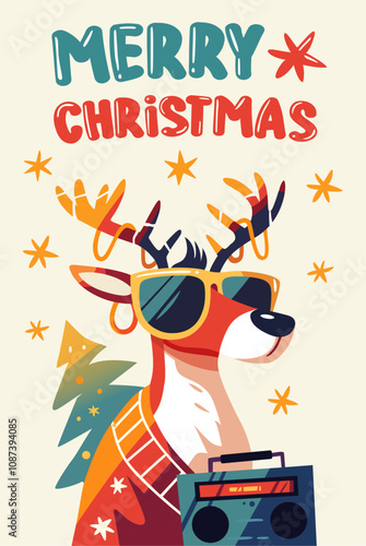 Christmas cartoon greeting card wth reindeer, boombox and Christmas tree. Vector illustration
