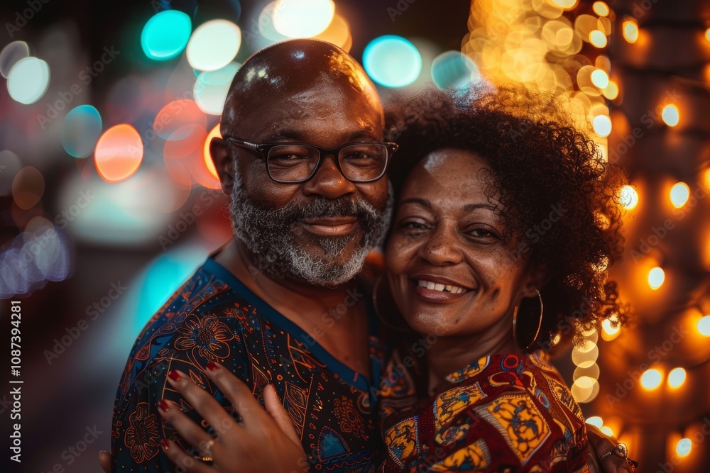 Portrait of a blissful afro-american couple in their 40s sporting a breathable mesh jersey in glittering city nightlife Portrait of a blissful afro-american couple in their 40s sporting a breathable mesh jersey in glittering city nightlife