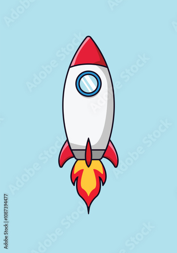 Rocket cartoon vector illustration. Cute rocket spaceship isolated on light blue background. Flat vector illustration.