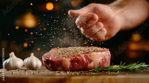 Fototapeta Naklejka Na Ścianę i Meble -  Image capturing a raw steak being seasoned with spices by a person's hand, highlighting the freshness and quality of the meat, set against a rustic background.