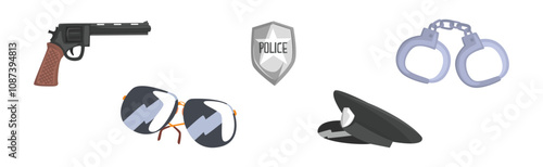 Police Officer Object and Equipment Different Vector Set