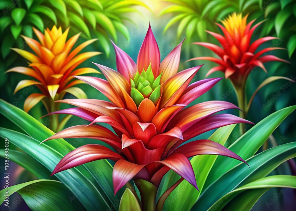 Fototapeta premium Stunning Bromeliaceae Plant Illustration Showcasing Vibrant Colors and Intricate Details for Botanical Art Lovers and Nature Enthusiasts