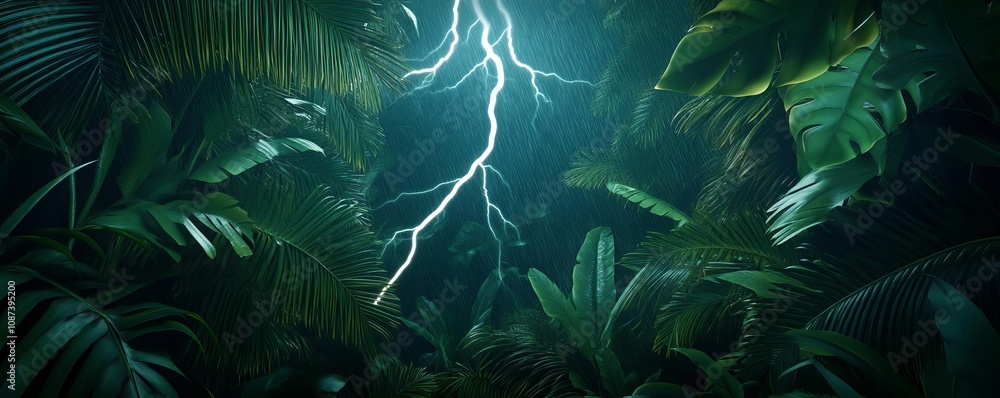 Lightning illuminating dense jungle, casting eerie shadows, 3D illustration Lightning illuminating dense jungle, casting eerie shadows, 3D illustration
