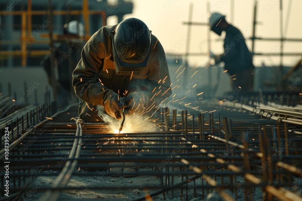 Construction worker welding metal rods on a building site during sunset ...