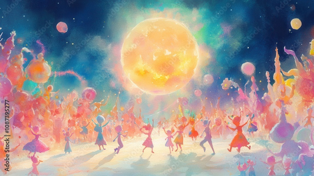 Fototapeta premium A vibrant, colorful celebration under a bright moon, featuring joyful figures dancing amidst swirling lights and whimsical elements.