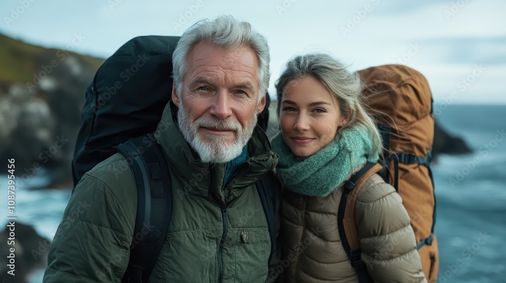 A mature couple, clad in sturdy hiking gear, explores the rugged seaside with their backpacks, energizing their adventure amidst the serene tapestry of nature. A mature couple, clad in sturdy hiking gear, explores the rugged seaside with their backpacks, energizing their adventure amidst the serene tapestry of nature.